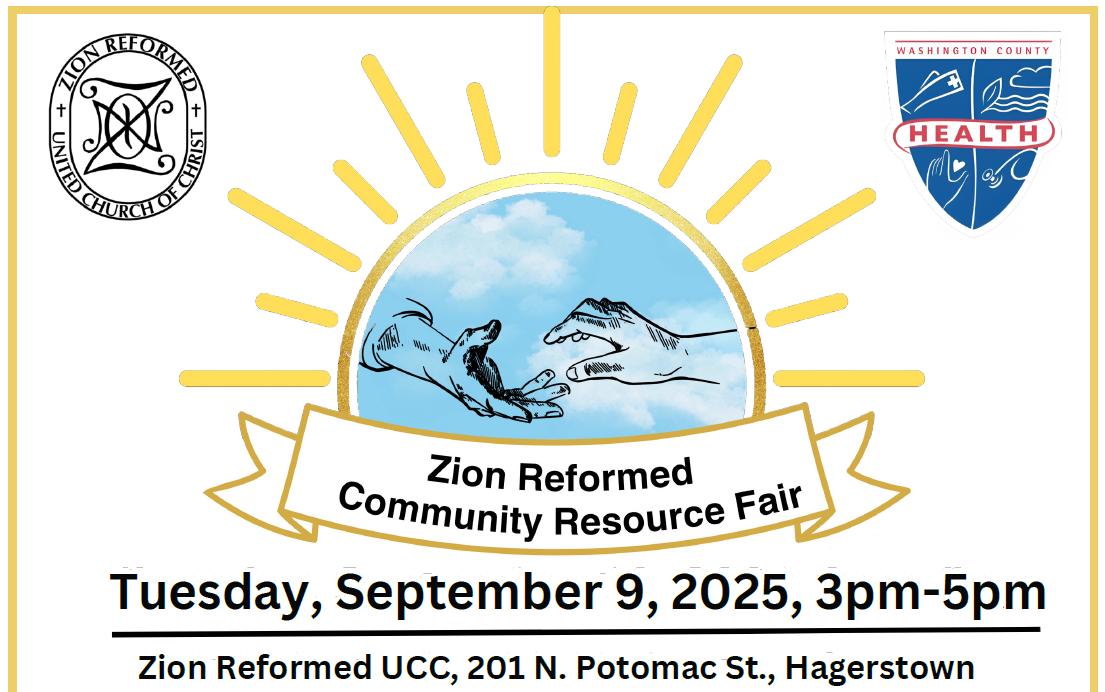 Flyer for Zion Reformed Community Resource Fair on September 9, 2025, 3pm–5pm. Features two hands reaching toward each other, logos of Zion Reformed UCC and Washington County Health, and event location details.
